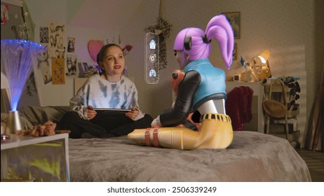 Young girl uses tablet computer, talks to virtual reality hologram in metaverse sitting on bed at home. Futuristic 3D graphics of animated avatar. Technology of AI friend simulation. Augmented reality