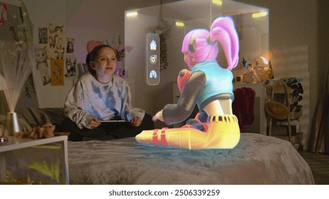 Young girl uses tablet computer, talks to virtual reality hologram in metaverse sitting on bed at home. Futuristic 3D graphics of animated avatar. Technology of AI friend simulation. Augmented reality