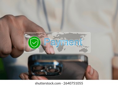 Young girl is using a smartphone to make a secure online payment. A digital overlay shows a checkmark in a green shield with the word "Payment" over a world map background, indicating success.