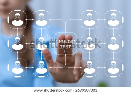 Young girl using virtual touch screen presses the words ENGLISH TEST. English Learning and Testing concept.