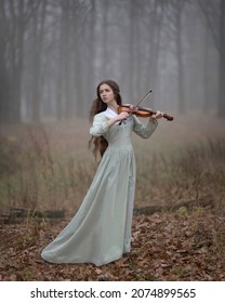 Young girl with violin in autumn misty forest