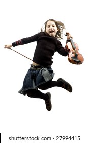 Young Girl With Violin Jumping Isolated On White