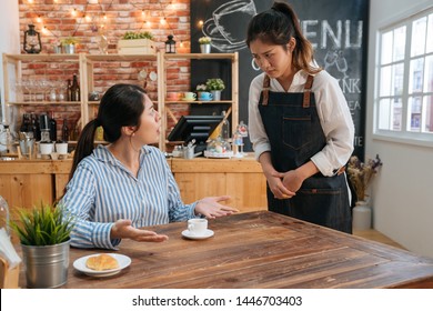 Young Girl Waitress Bowed And Saying Sorry While Female Customer Complaining. Coffeehouse Staff Woman Looks At Guest With Concern While Stand At Table Where Client Sit In Cafe. Bad Service Concept