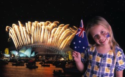 Young Girl Waves Australian Flag In Front Of The Sydney Harbour Bridge