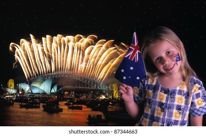 Young girl waves Australian flag in front of the Sydney Harbour Bridge