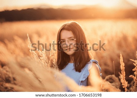 Similar – Image, Stock Photo laughing, blonde woman, sunset, field