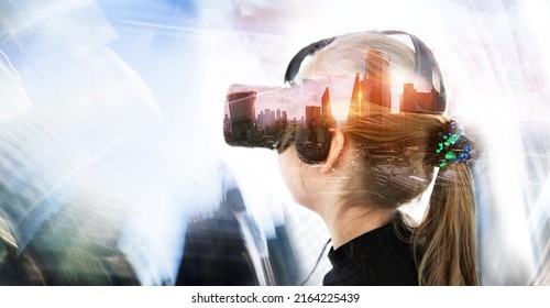 Young Girl Wearing VR Headset, Enjoying Game, Visual Simulation, Learning, Virtual Travelling.