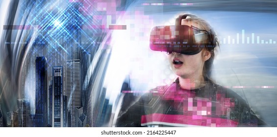 Young Girl Wearing VR Headset, Enjoying Game, Visual Simulation, Learning, Virtual Travelling.