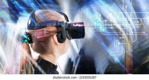 Young Girl Wearing VR Headset, Enjoying Game, Visual Simulation, Learning, Virtual Travelling And Educational Concept.