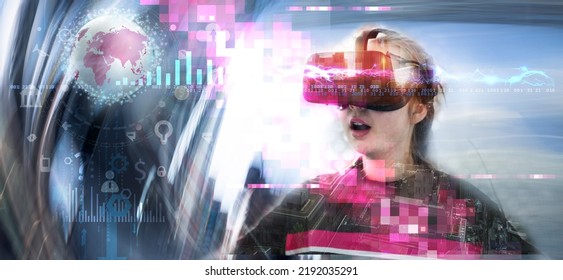 Young Girl Wearing VR Headset, Enjoying Game, Visual Simulation, Learning, Virtual Travelling And Educational Concept.