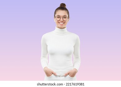 Young girl wearing white turtleneck   eyeglasses standing in front camera and happy smile  holding hands in pockets  isolated purple gradient background