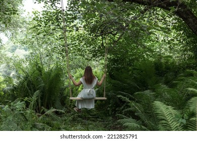 A Young Girl In A White Dress Rides On A Rope Swing In The Wood. The Concept Of Outdoor Recreation