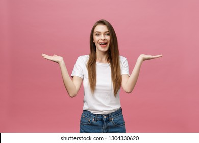 Young Girl White Shirt Pointing Hand Stock Photo (Edit Now) 1304330620