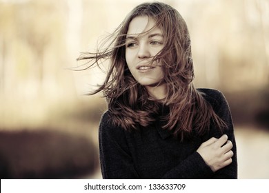 Young Girl Wind Against Nature Background Stock Photo 133633709 ...