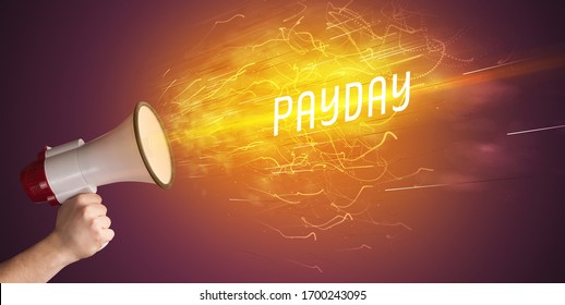 Young Girld Shouting In Megaphone With PAYDAY Inscription, Online Shopping Concept