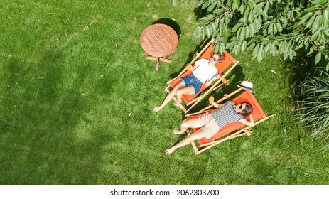Young girls relax in summer garden in sunbed deckchairs on grass, women friends have fun in green park, aerial top view from above