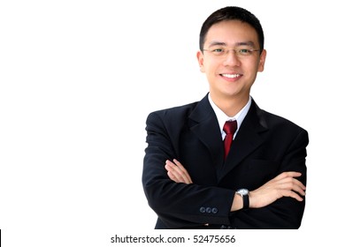 Young good looking asian business man on a white background isolated