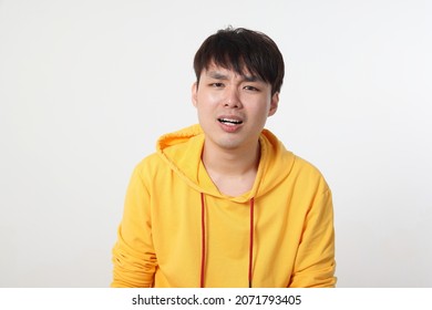 Young Good Looking Asian Chinese Malay Man Pose Face Body Expression Mode Emotion On White Background Sad Shocked