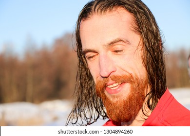 Young Good Looking And Attractive Man With Muscular Body, with a red beard and long hair Wet Taking after taking an ice bath. handsome attractive men showering next to swimming pool. water drops - Shutterstock ID 1304894260