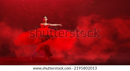 young graceful ballerina, dressed in pointe shoes and a weightless red skirt, demonstrates her dancing skills. The beauty of classical ballet.