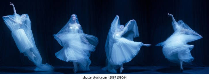 Young Graceful Beautiful Woman, Balerina In White Wedding Dress In Art Performance Isolated On Dark Background In Neon Light. Concept Of Love, Relationship, Beauty, Art And Theater.