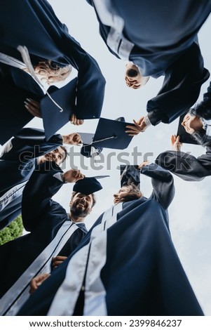Young graduates celebrate in park, tossing graduation caps, reminiscing on college journey and commemorating successful cooperation and teamwork with faculty and classmates.