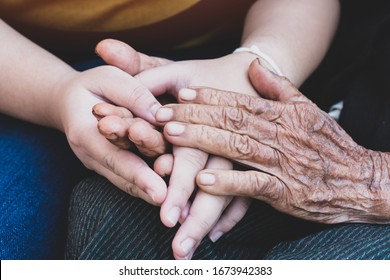 Young grandchildren's holding older grandmother hands feel with support together, wrinkled skin with feeling take care. World Kindness Day, Adult day center Relationship of Family mother day concept