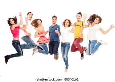 Young Group Of Casual, Smiling People Jumping