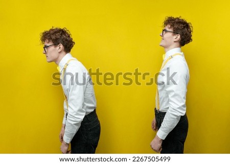 young guy with bad posture and good posture on yellow isolated background, hunchbacked nerd student opposite slender one, concept of bad posture and hunchbacked back
