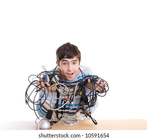 The Young Guy With Cables Isolated On A White Background