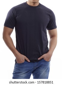 Young Guy With Dark Gray Shirt On White Background-Studio Shot Ready For Your Own Graphic.