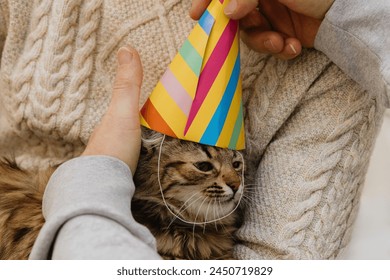 A young guy holds a cat in his hands and puts on a birthday cone hat.