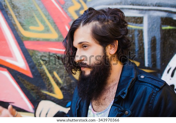 Young Guy Long Hair Mustache Beard Stockfoto Jetzt