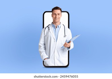 A young guy medical professional is shown on a telemedicine app within a smartphone, positioned in a professional yet approachable setting - Powered by Shutterstock