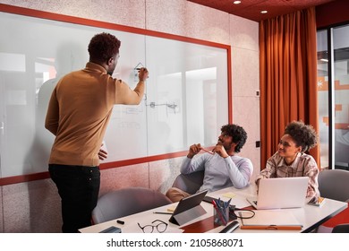 Young guy standing in front of partners and writing on whiteboard with joy