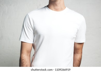 Young Guy Wearing Blank White T-shirt, Horizontal Studio Close-up