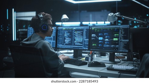 Young Hacker Working Alone, Hacking Corporate Data Servers From His Underground Hideout. Hacktivist Organizes a Massive Data Breach Cyber Attack, Hiding His Identity Behind Multiple Proxy Servers