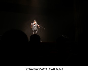 Young Handsome Actor Reads A Monologue On Stage