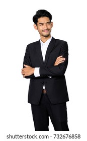Young handsome asian business man thinking about new ideas for start new project while standing isolated white background,business people concept