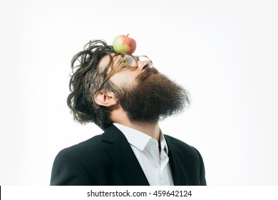 young handsome bearded man scientist or professor in glasses with long beard holding lamp isolated on white background, newtons law