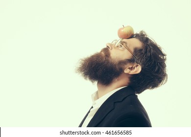 young handsome bearded man scientist or professor in glasses with long beard holding lamp isolated on white background, newtons law