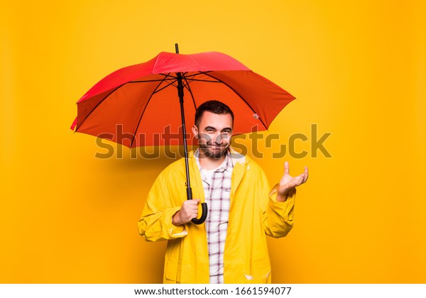 Young Handsome Bearded Man Yellow Raincoat Stock Photo 1661594077 ...