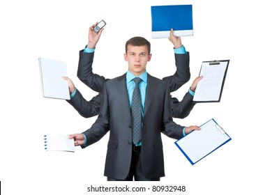 young handsome businessman with six hands in elegant suit working hold notepad clipboard, cell phone, paper, document, contract, folder business plan. Isolated over white background. Concept of busy