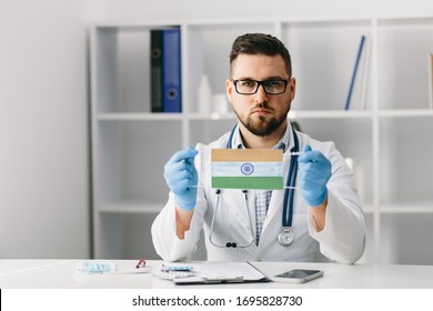 Young Handsome Doctor In Hospital With Indian Flag Mask