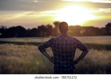 Young handsome farmer standing in wheat field with hands on hips and looking forward at sunset