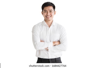 Young, handsome and friendly face man smile, dressed casually with happy and self-confident positive expression with crossed arms on white background studio shot. Concept for good attitude boy. - Shutterstock ID 1684427764