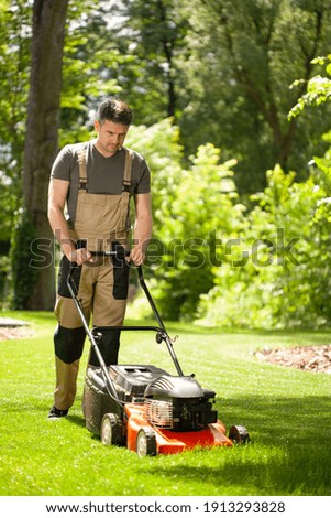 Young man mowing the lawn with lawnmower