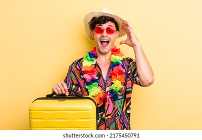 Young Handsome Guy Screaming With Hands Up In The Air. Summer Holidays Concept