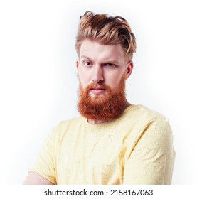 Young Handsome Hipster Ginger Bearded Guy Looking Brutal Isolated On White Background, Lifestyle People Concept