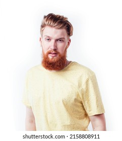 Young Handsome Hipster Ginger Bearded Guy Looking Brutal Isolated On White Background, Lifestyle People Concept